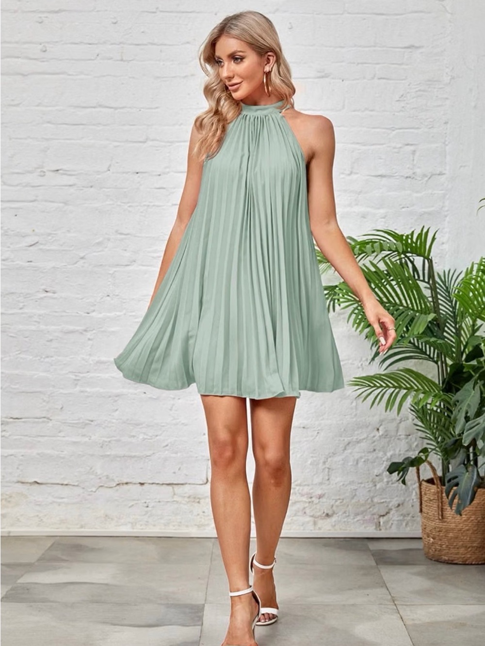 NWT Pleated Halter Mini Dress in Sage Green - Women's Swing Dress, Small